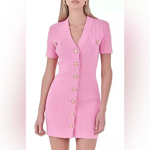 NWT Anthropologie- ENDLESS ROSE Shank Button V Neckline Knit Mini Dress. Size M. - Picture 2 of 15